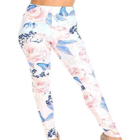 Women One Size Plus Fits Sizes 14-22 Leggings Buttery Soft Butterfly/Pink Roses - Picture 1 of 4